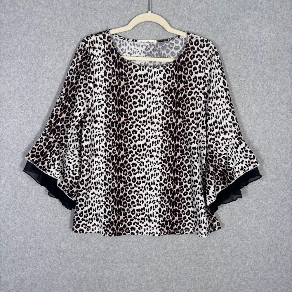 Above Beyond Top‎ Large Leopard Sheer Ruffle Bell Sleeve Knit Stretch Maximum